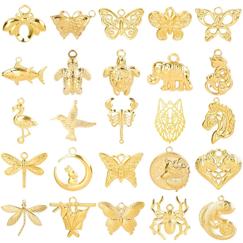 

6pcs/Lot Horse Rabbit Dragonfly Bee Butterlfy Charm For Jewelry Making Bulk Animal Pendant Stainless Steel Charm DIY Accessories