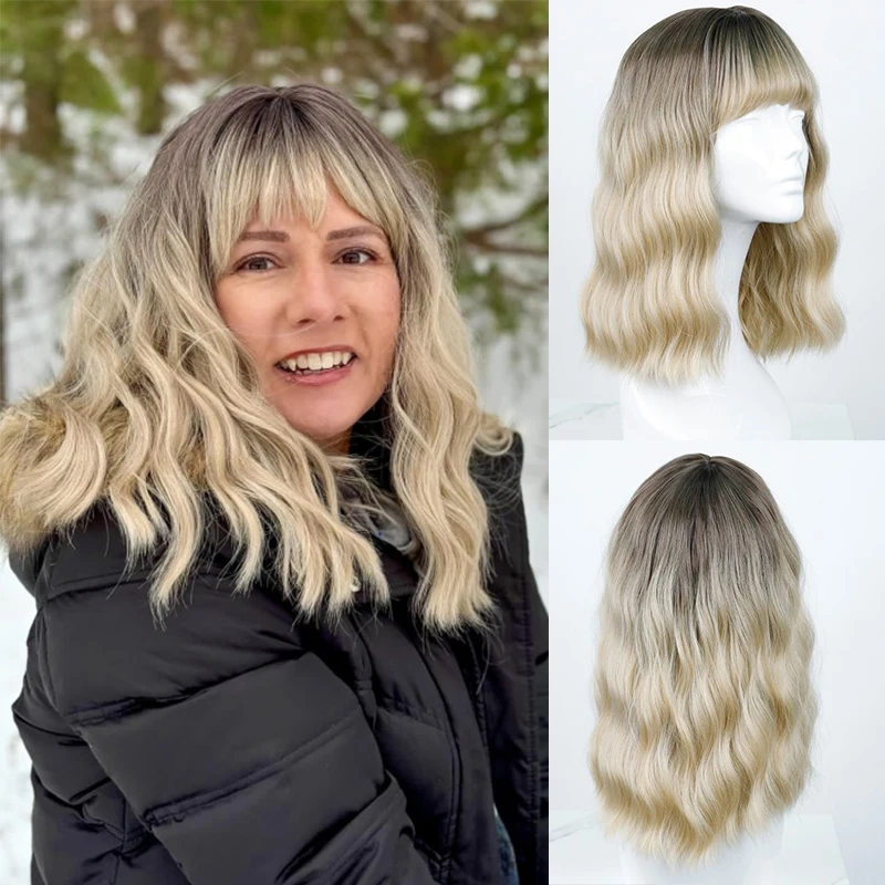 Парик из смешанных человеческих волос средней длины с челкой синтетические