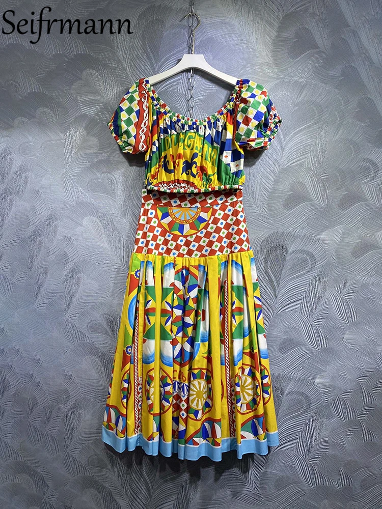 

Seifrmann High Quality Summer Women Fashion Runway Skirts Sets Multicolor Colorblock Cotton Sexy Slash neck + A-Line Skirts Suit