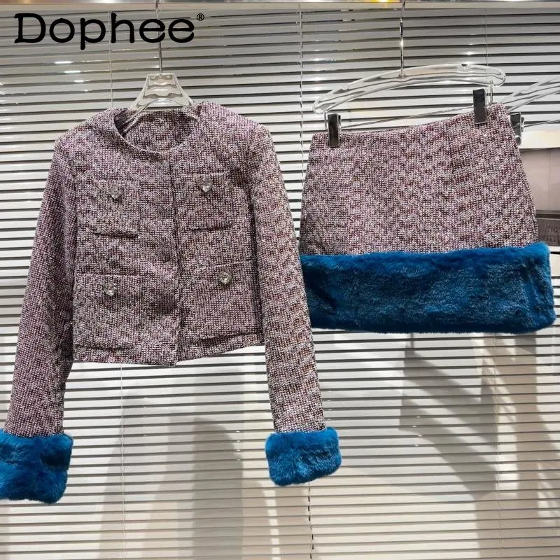 

Winter Rhinestone Buttons Faux Fur Sleeve Cuff Tweed Coat Cotton Jacket Short Skirt Two Piece Set Women Outfits