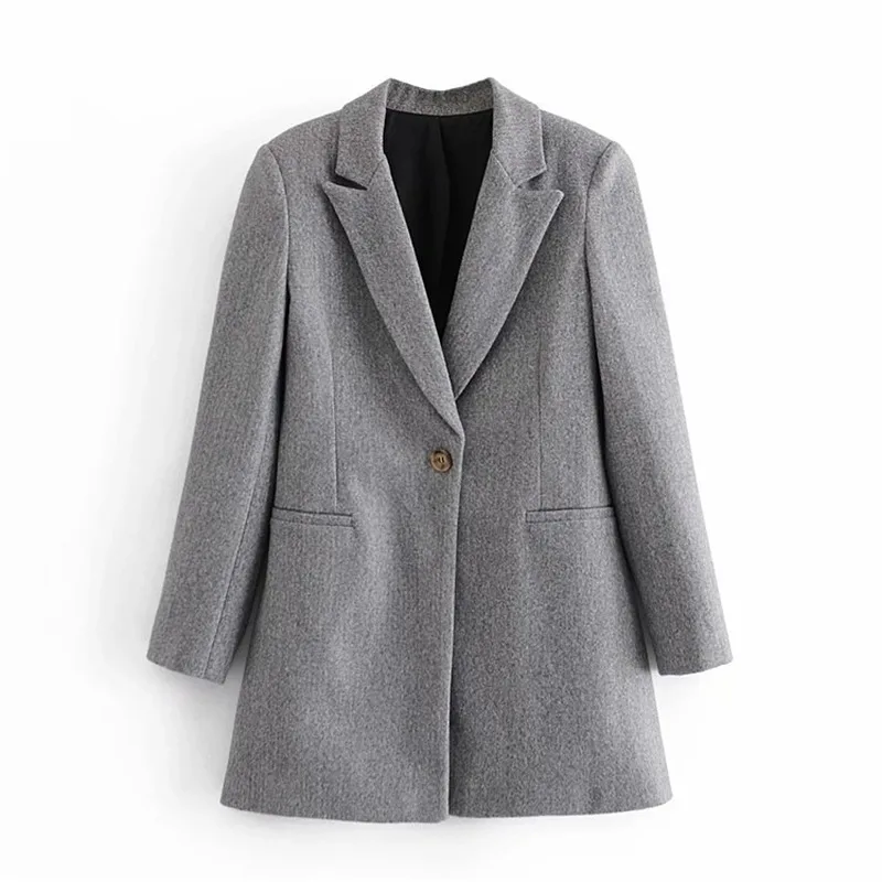 Grey Woollen Blazer Suit Korean Fashion Simple Mid Length Slim One Button Blazers Office Lady Autumn Winter Commute Casual Suits