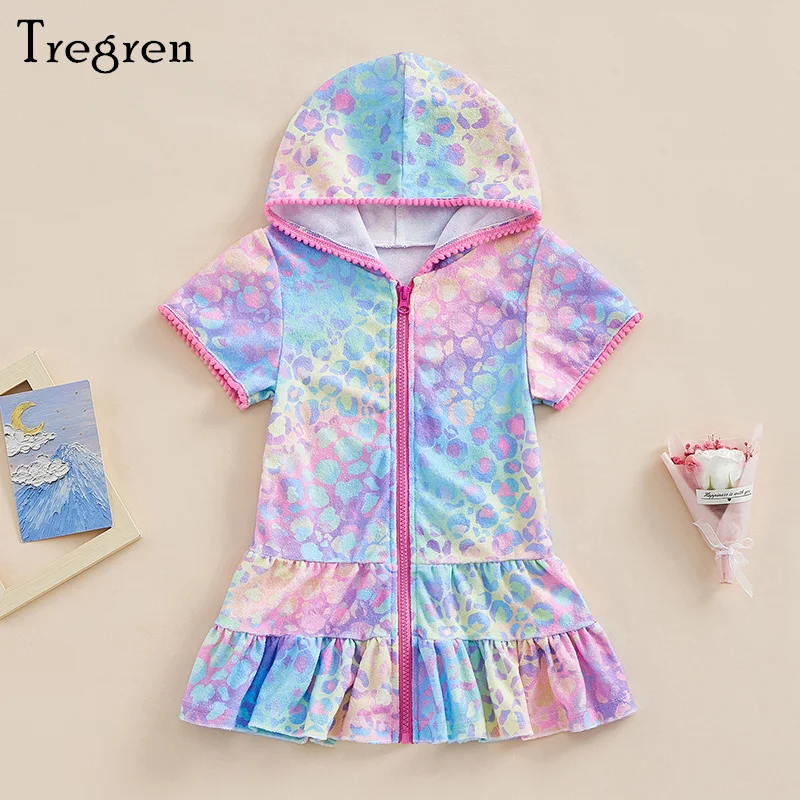 

Tregren 2-10Y Toddler Kid Girls Summer Swimsuit Cover Up Short Sleeve Leopard Print Zipper Hooded Swimwear Beach Bathing Suit
