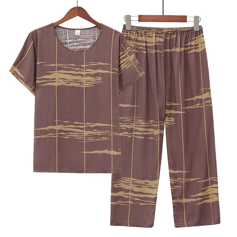 Fdfklak Printed New Cotton Women Pajamas Set Plus Size Short Sleeve Cropped Pants Home Suit Middle Aged Mother Sleepwear XL-4XL