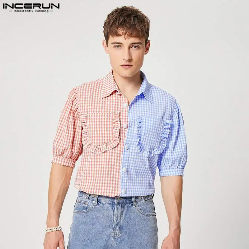 

Повседневная Уличная одежда, новые мужские топы, новая мужская блузка, простая Мужская рубашка с вышивкой по краям и рукавом до локтя