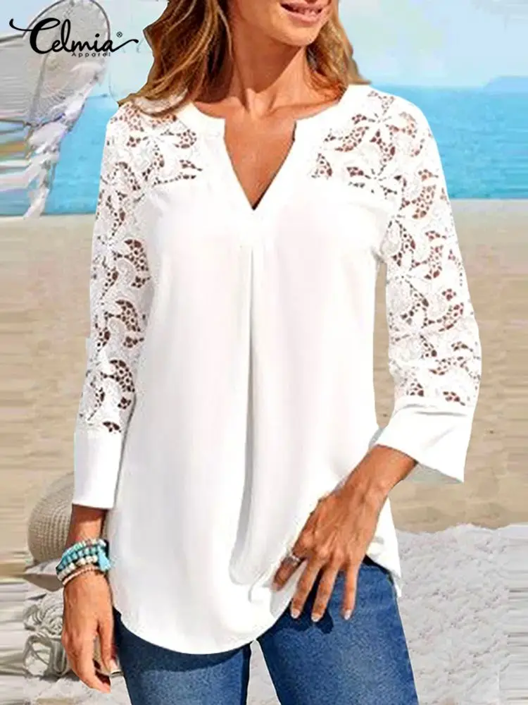 Celmia Womens Lace Stitching Blouses Elegant 3/4 Sleeve V-neck Tops Casual Loose White Shirt Summer 2022 Sexy Hollow Out Blusas