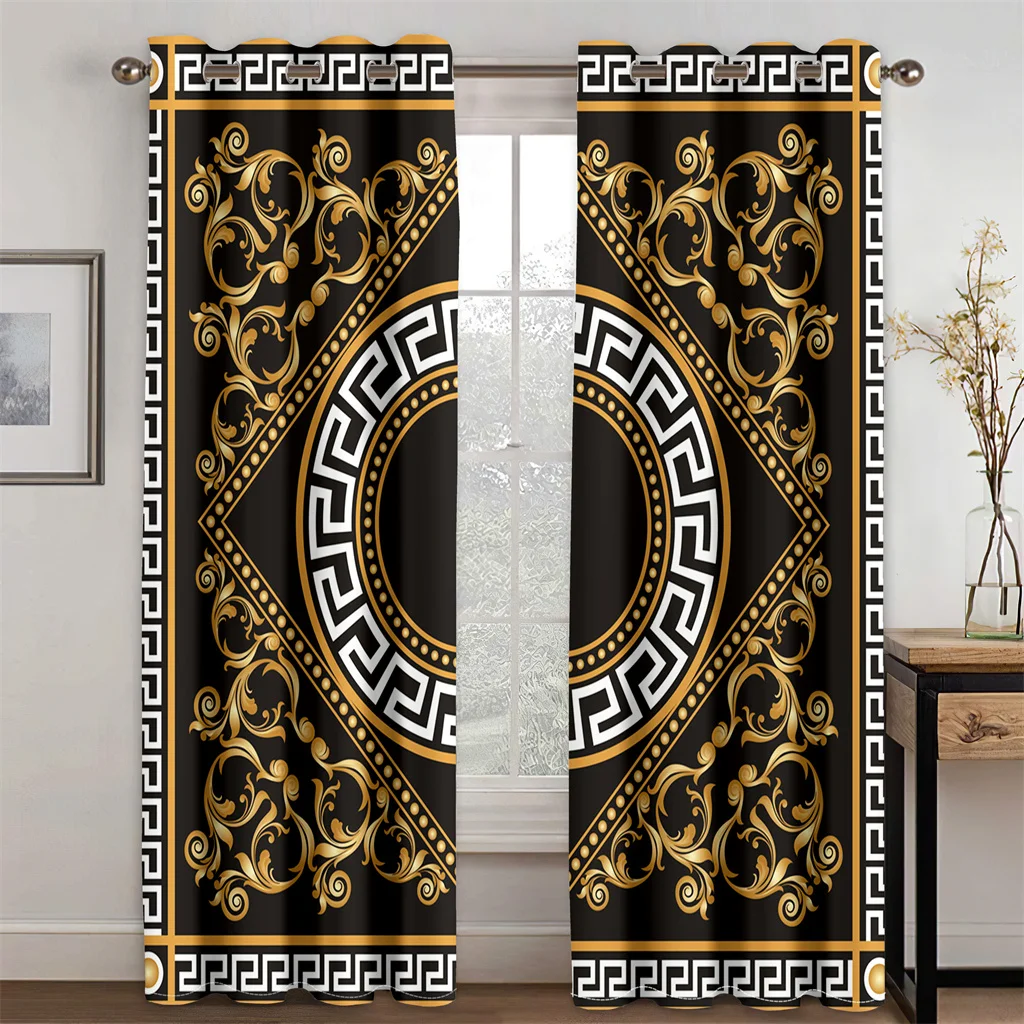 

3D Custom Modern Luxury Fashion Brand LOGO Classic Black Gold 2 Pieces Thin Shading Curtain Living Room Bedroom Home Decor Hook