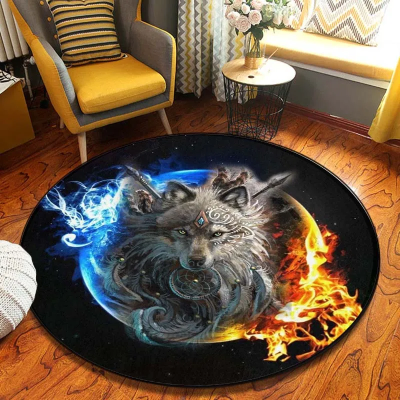 Round Rug Wolf Starlight Night Art Soft Circular Area Rug Bedroom Durable Circle Carpet Nursery Mat Round Carpets for Bed Room