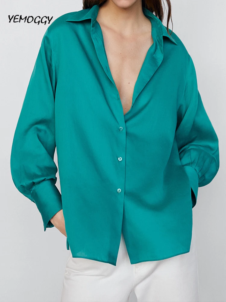 

New Autumn Elegant Shirt Women Tops 2022 Fashion Candy-colored Cotton POLO Neck Single Breasted Loose Long Sleeve Blouse Shirts