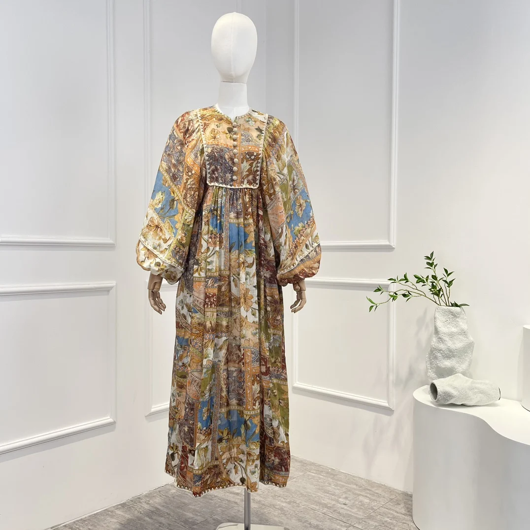 

2023 New Top Quality Spring Summer Vintage Linen Long Lantern Sleeve Floral Printing Buttons Frill Loose Woman Midi Dress