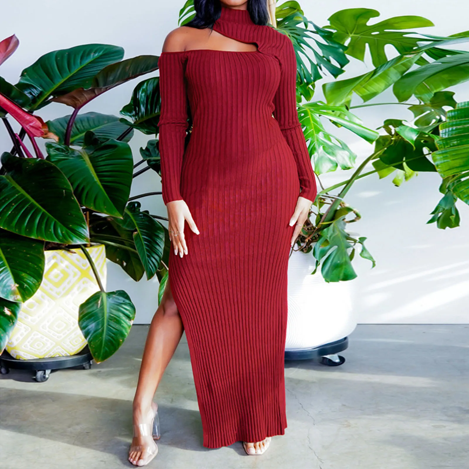 

Платье женское с высоким воротником, пикантное модное облегающее элегантное вечернее трикотажное платье с рюшами, с вырезами, для подружки ...