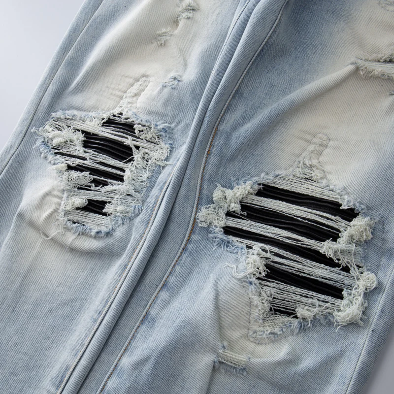 High Street Fashion Men Jeans Retro Washed Blue Stretch Skinny Fit Ripped Jeans Men Leather Patched Designer Hip Hop Brand Pants