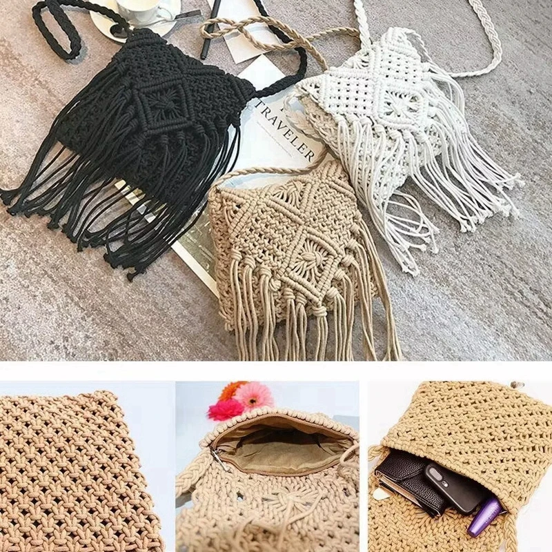 Fashionable Flap Woven One Shoulder Crossbody Bag long Tassel small square bag Summer Zipper Beach Bag