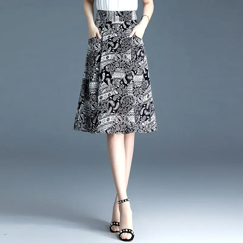 

Women 2022 Spring Summer New Fashion Retro Midi Skirt Female A-line Basic Floral Printed Skirts Lady Casual Slim Skirts J39