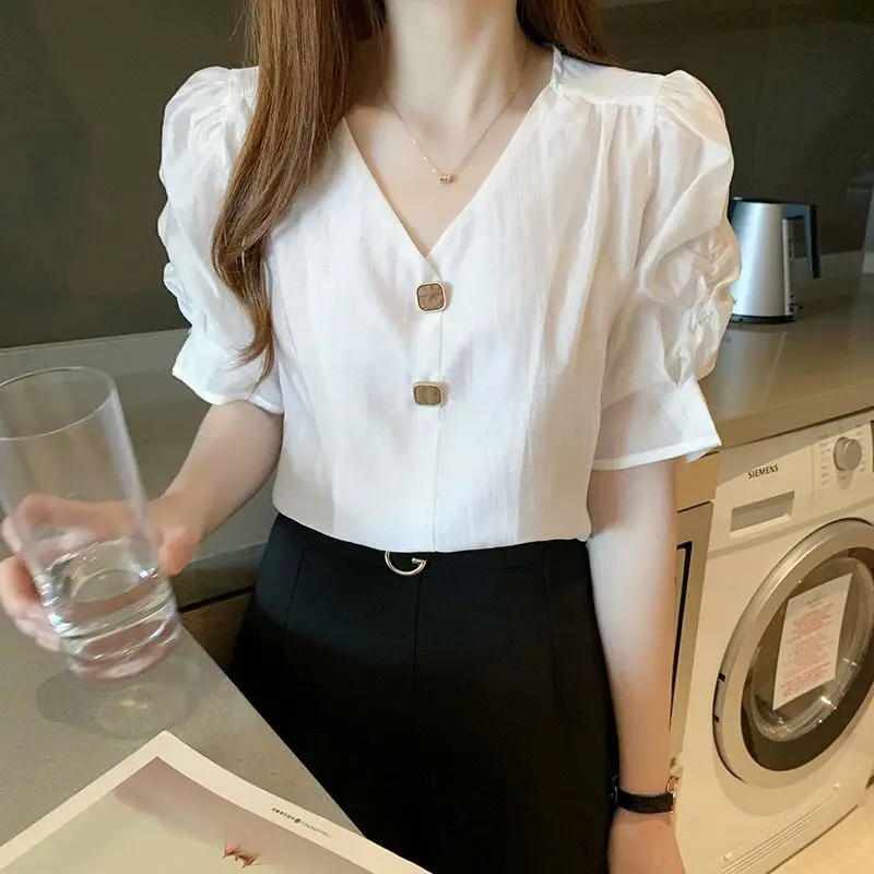

COCOA Chic Solid Elegant V Neck Chiffon Blouse Button Design Casual Women T Shirt Puff Sleeve Half Tops 2022 Summer New Clothing