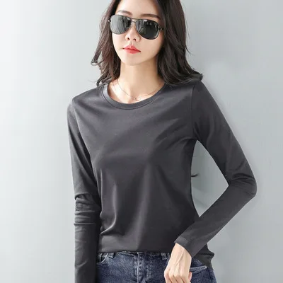 

Women's solid color round neck shirt 100% cotton T-shirt long-sleeved T-shirt 2021
