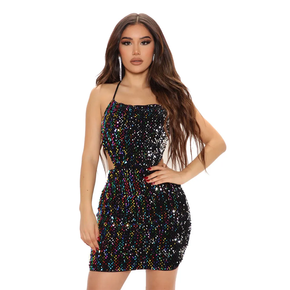 Lace-Up Bodycon Rhinestone Sequins Short Party Dresses Womens Glam Sleeveless Crystal Mini Dresses Nightclub Outfits