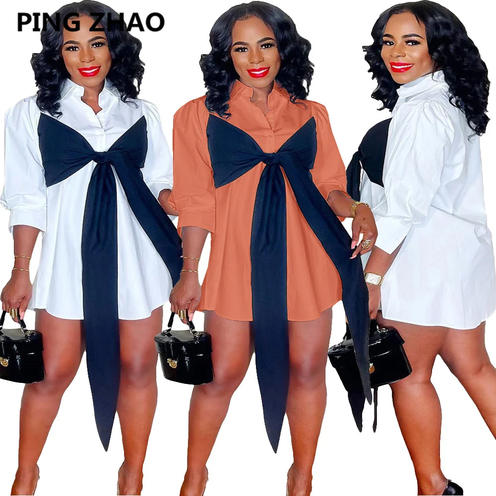 

Женское платье-рубашка с бантом, с отложным воротником