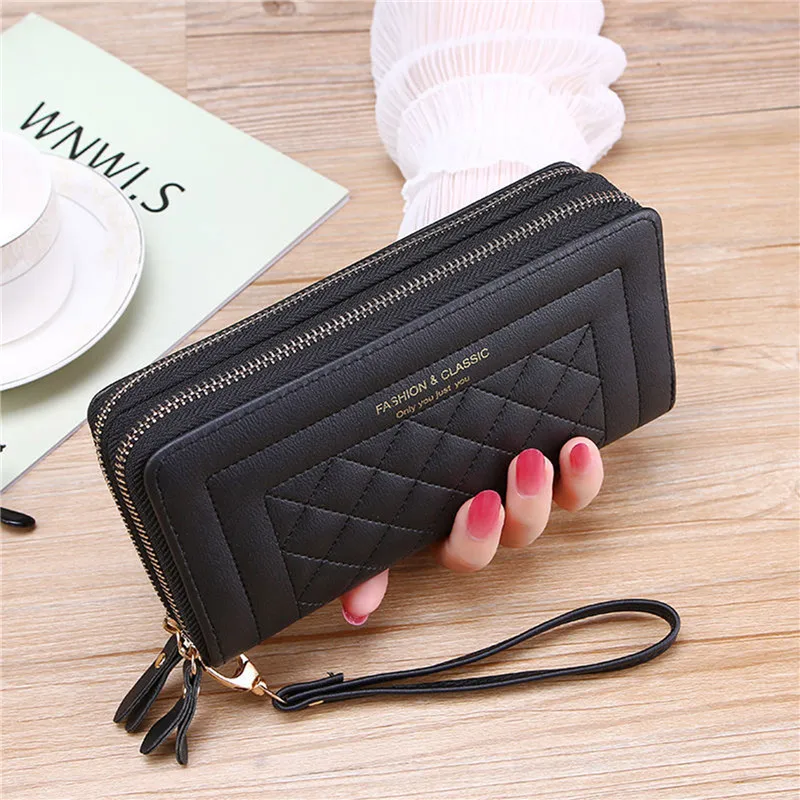 

PU Leather Women Wallets Long Double Zipper Coin Purses Female Brand Luxury Designer Clutch Phone Card Bag