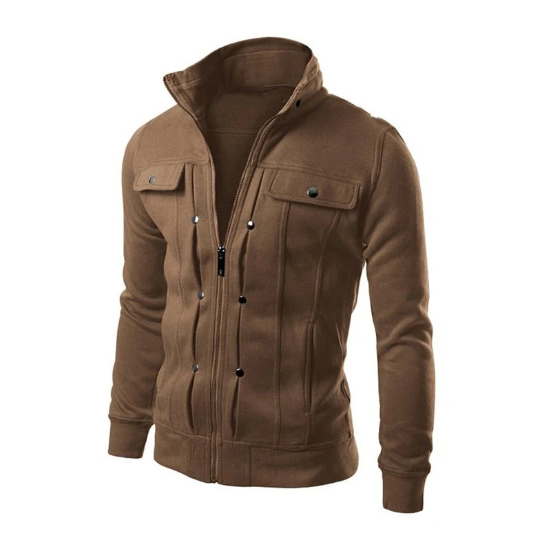

Мужская повседневная приталенная куртка, однотонный кардиган на молнии, с длинным рукавом и отложным воротником, Повседневная Верхняя одеж...
