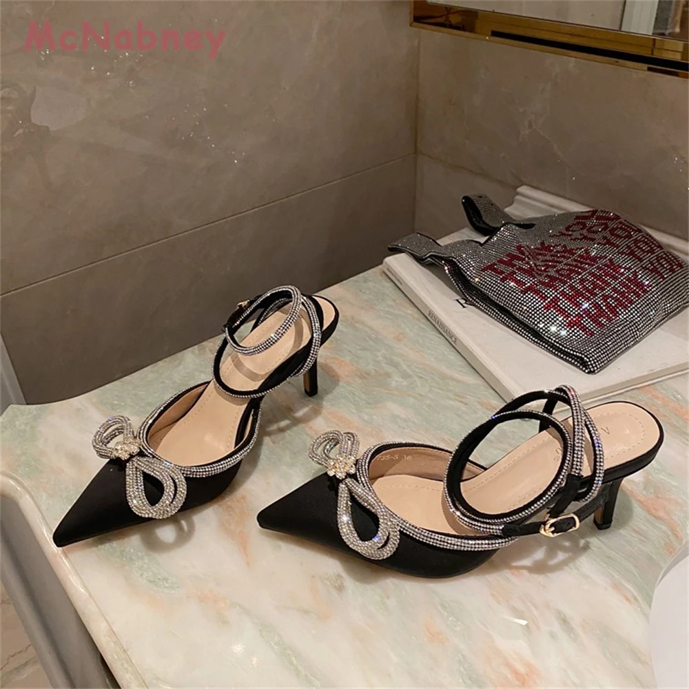 Glitter Women Pumps Crystal Bowknot Rhinestone Pointed Toe Stiletto Sandals Summer Lady Shoes High Heels Party Prom Shoes