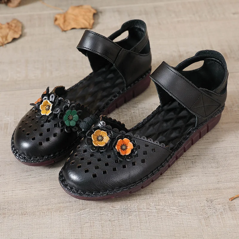 Plus Size 42 Women's Genuine Leather Flats Casual Summer Mary Janes Shoes Retro Sewing Sandals Ladies Flower Cut-outs Loafers