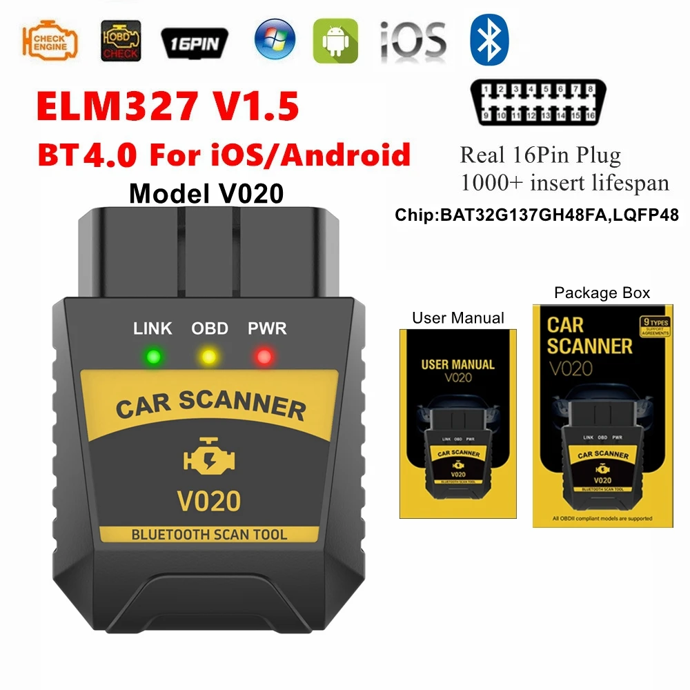 

Автосканер V020 ElM327 V1.5 OBD2 Bluetooth 4, Диагностический Инструмент Для Удаления Ошибок