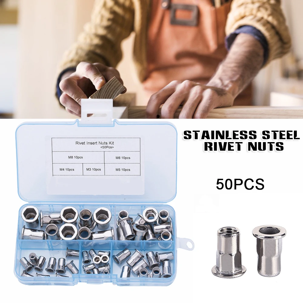 

50pcs M3/4/5/6/8 Nut Rivet Set 304 Stainless Steel Half Hexagon Flat Head Rivet Hardware Mixed Nuts Anchors Nuts Deck gass