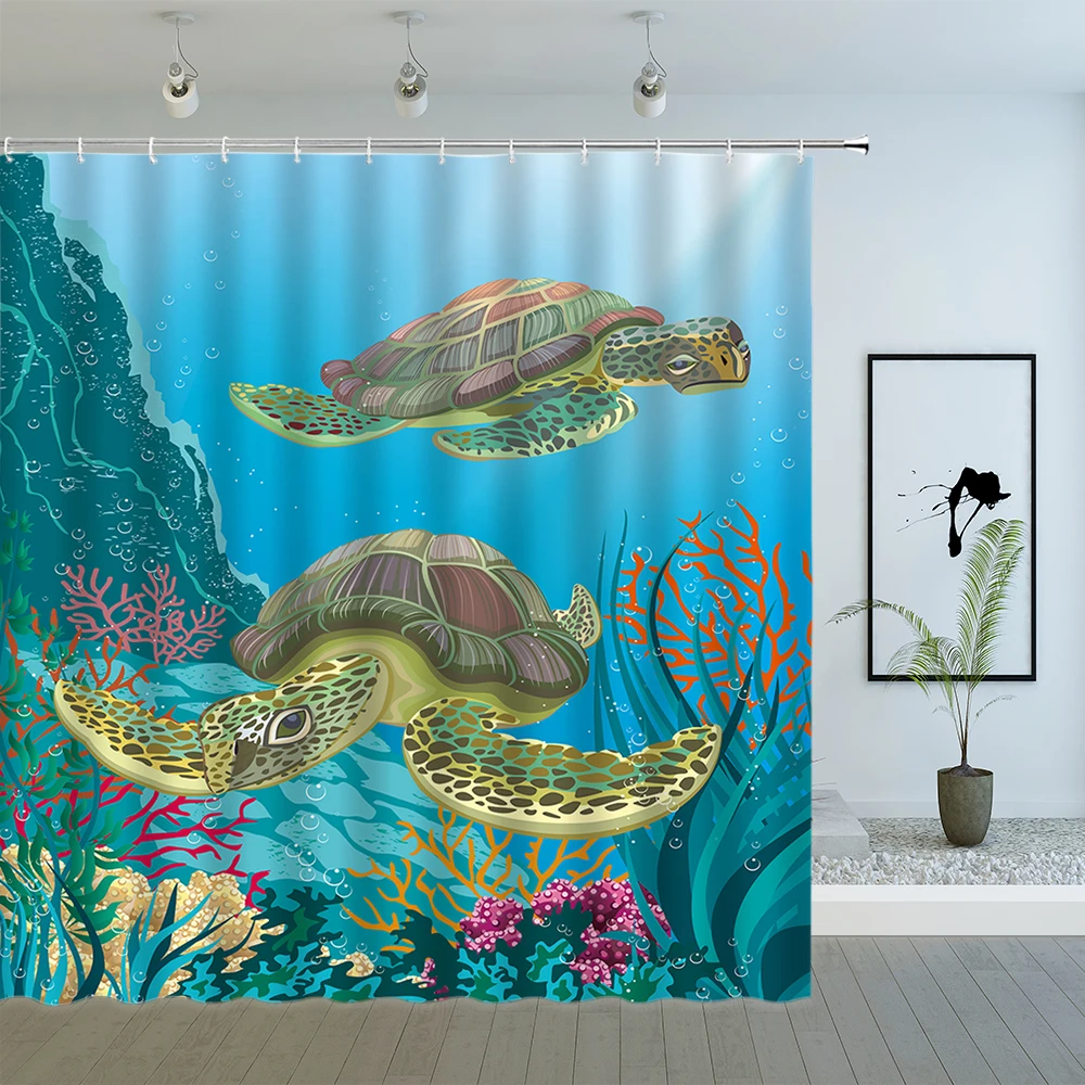 

Sea Turtle Underwater World Shower Curtain Bathroom Decor Ocean Animal Anchor Starfish Waterproof Fabric Bath Screen With Hooks
