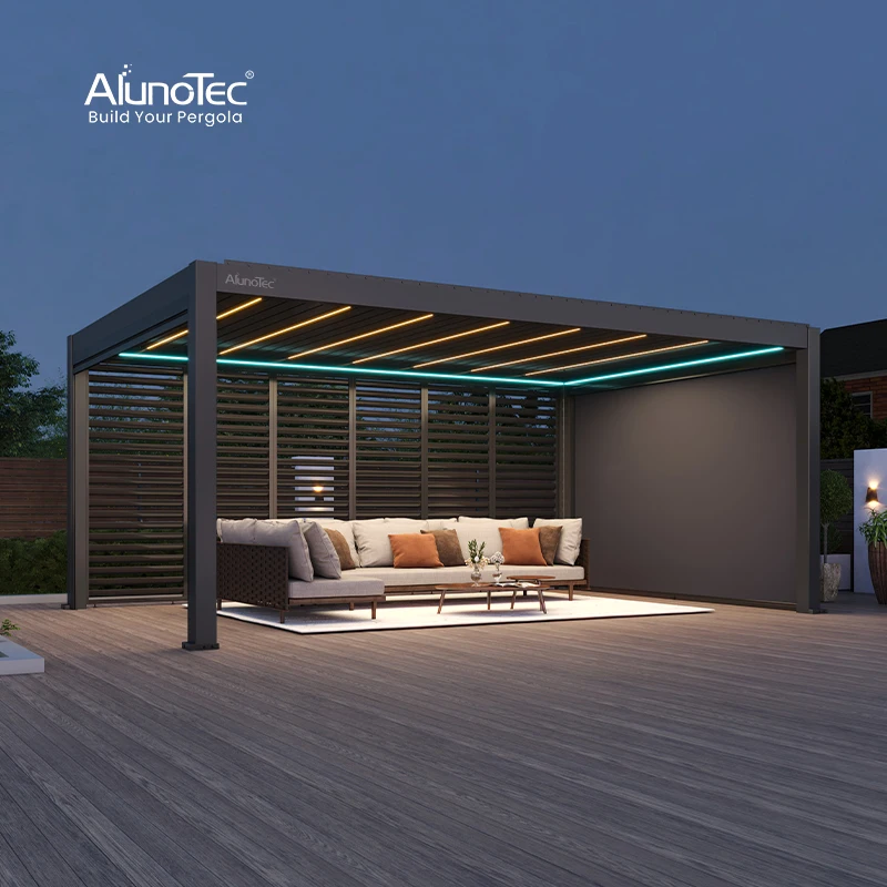 Фото Водонепроницаемая биоклиматическая пергола AlunoTec Pergo-Eco DIY с регулируемыми ламелями, навес-беседка из алюминия для улицы №1