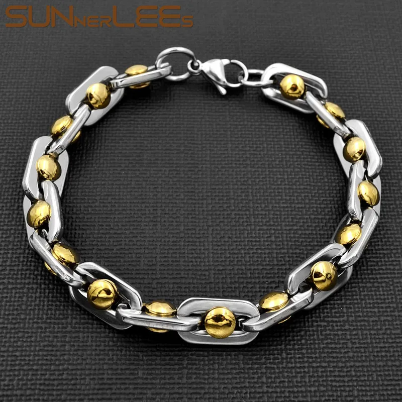 

Браслет SUNNERLEES из нержавеющей стали 316L, 9 мм, геометрические бусины, звеньевая цепь, серебристый цвет, позолоченный, для мужчин и женщин, ювели...