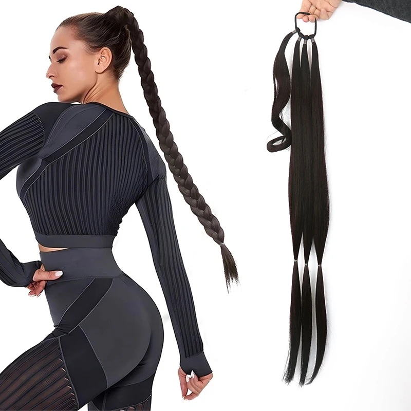 Synthetic handmade DIY long braid ponytail hair rope for women High temperature fiber Black brown ponytail
