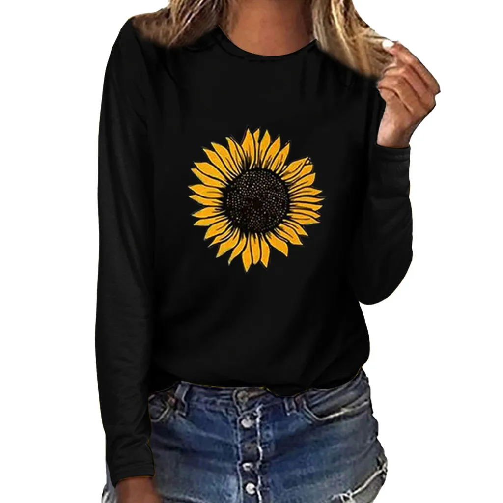 

O-neck Sleeve Women Sweatshirt Long Sunflower Pullover Top Blouse T-shirt Print 2xl Ladies Tops Long Sleeve Summer Shirt Women