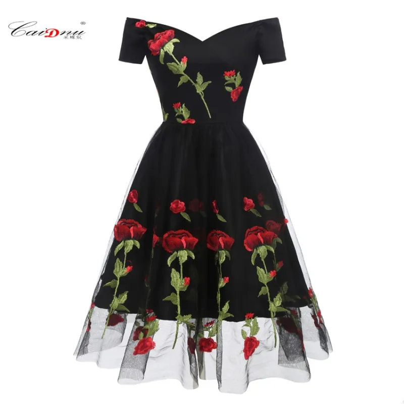 

Noble Boutique women's Evening Dress Embroidered Rose Flower Comfortable Sexy Lace Dress with Excellent Quality