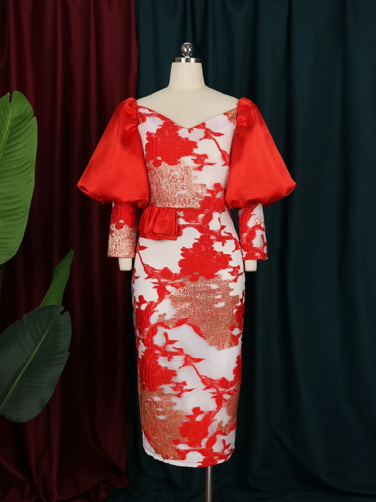 2023 New in Women Party Dress Red Puff Long Sleeve Bare Shoulder Peplum Birthday  Evening Formal Dresses