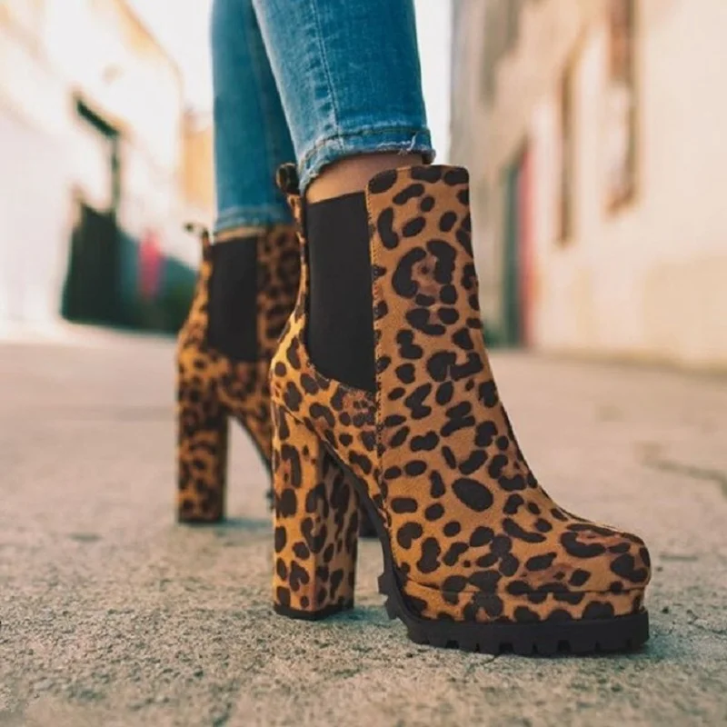 2022 Women Ankle Boots Flock Leopard Slip on Short Boots Women's High Heels Platform Autumn Shoes Ladies Booties Retro Plus 43
