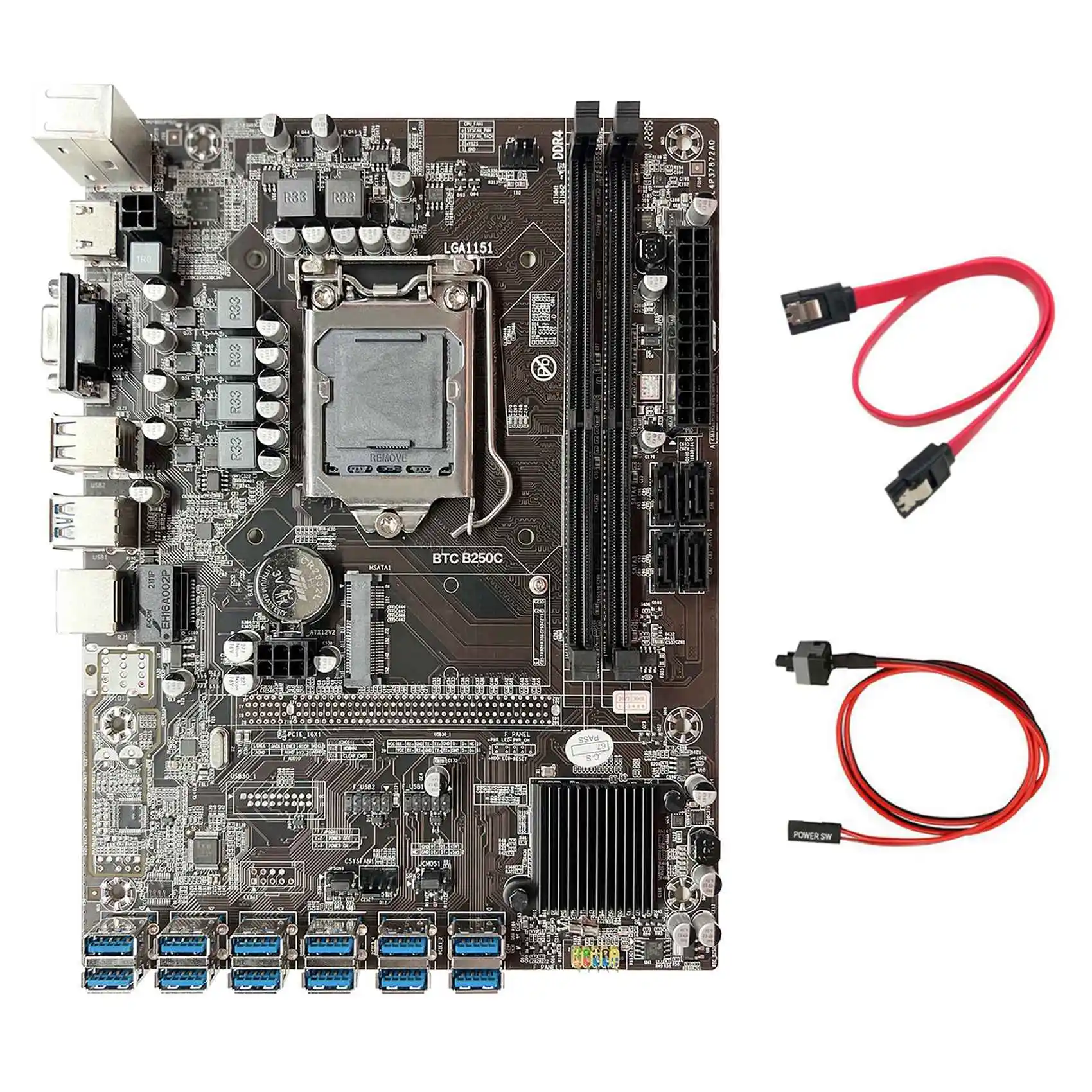 B250C BTC Mining Motherboard+SATA Cable+Switch Cable 12XPCIE to USB3.0 Graphics Card Slot LGA1151 ETH Miner Motherboard