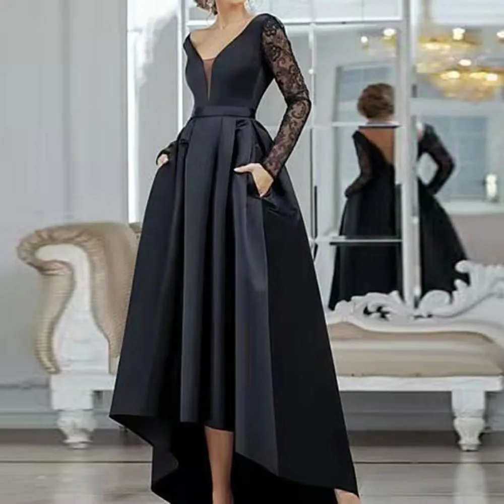 

Fashion Black Lace Long Sleeve Evening Dress V Neck Satin Pleated Prom Dress Ruffled Tulle Formal Party Dress Vestido De Gala