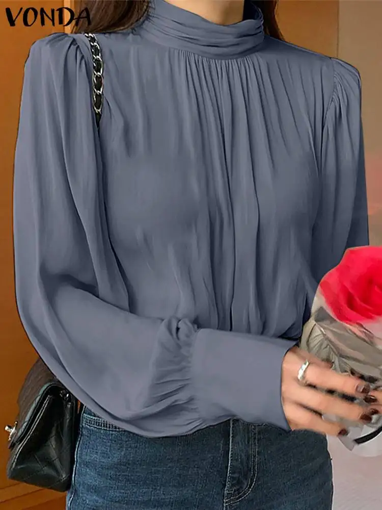 

Women Office Tops 2022 VONDA Casual Long Sleeve Solid High Neck Blouse Chiffon Tops Bohemian Blusas Femininas Oversized