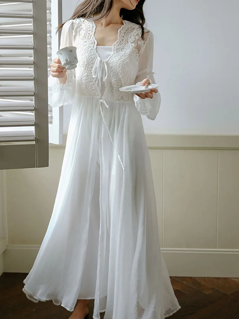 

Princess Fairy Night Dress Robe French Morning Gown Lace Mesh Ruffles Vintage Sexy Two-piece Nightgown Female Spring Summer