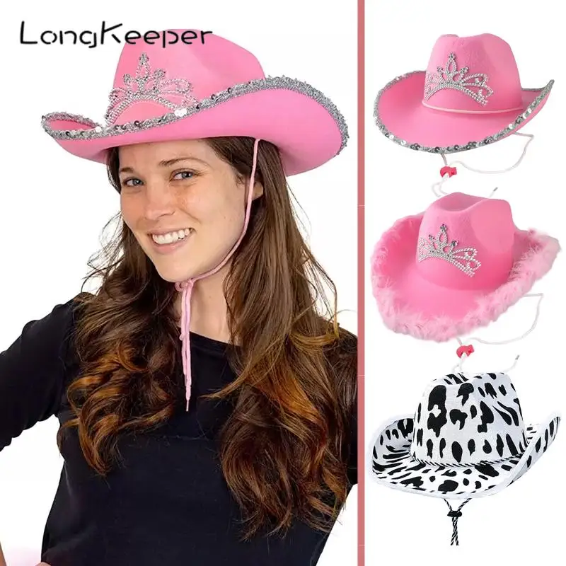 

2022 Western Pink Cowgirl Hats Women Tiara Cowgirl Hat Holiday Costume Party Hat Feather Edge Fedora Caps Crown Decoration