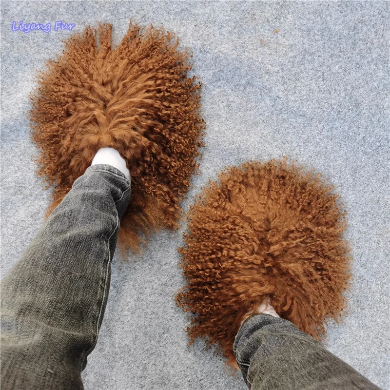 New Style Long Hair Tibetan Sheep Fur Slides Custom Color Mongolian Lamb Fur Slippers