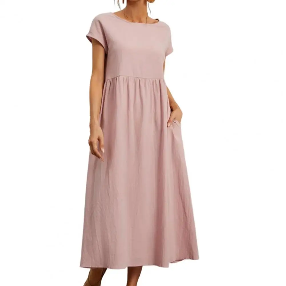 

Women Solid Midi Dress Short Sleeve Casual Stitching Large Swing A-Line Dual Pockets Midi Dress for Daily Wear Sundress