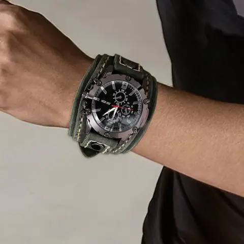 Мужские кварцевые часы с широким ремешком из искусственной кожи