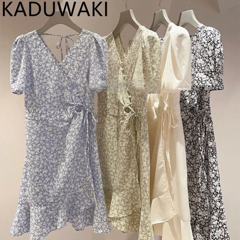 Sexy V Neck Floral Print Dresses Boho Beach Dress Ruffle Short Sleeve Vestidos 2023 Japan Style Spring Summer A Line Sundress