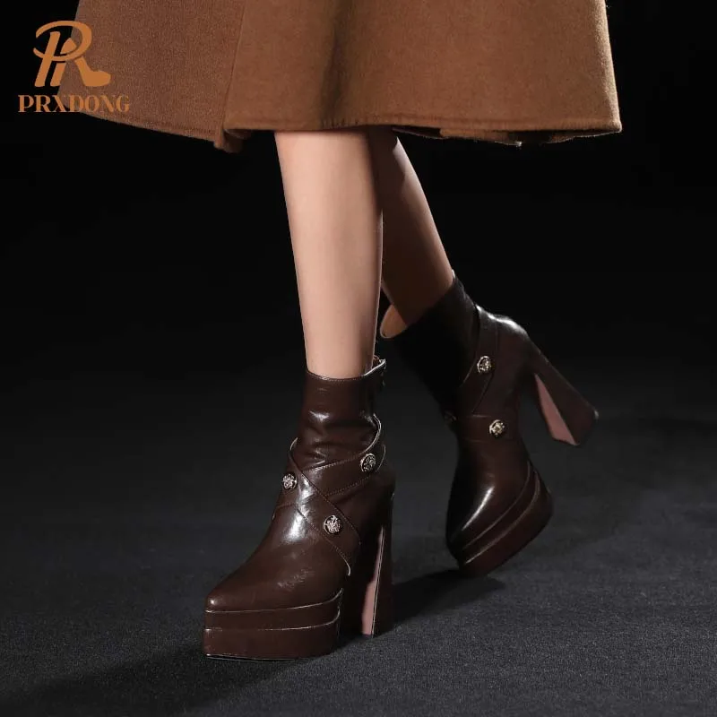 Женские ботильоны на массивном каблуке PRXDONG черные или коричневые платформе и