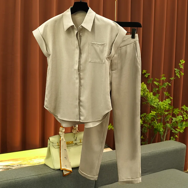 

High-quality Acetate Fabric Drop-shoulder Sleeve Shirt Suit Pants Fashion Suit Women Solid Color Simple Pants 2-piece Autumn New