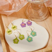 korean fashion new 2022 color asymmetric flower smiley bow earrings cartoon childlike ear hooks for women
