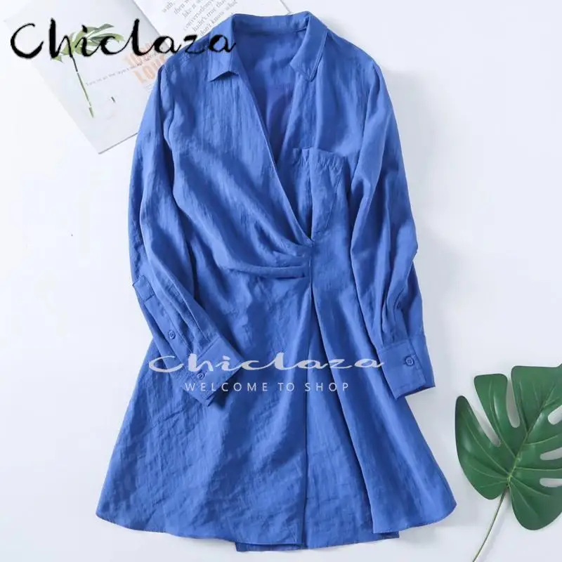 

CHICLAZA женское 2022 весеннее модное синее офисное синее Плиссированное Платье-рубашка с длинным рукавом Повседневные однотонные женские мини-...
