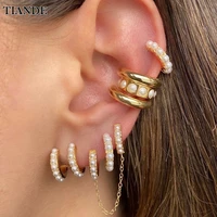tiande silver color gold plated earrings set for women round pearl ear cuff clip hoop earrings 2022 fashion jewelry wholesale
