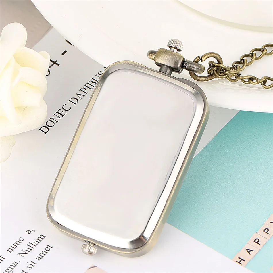 Dual Time Zone Bronze Quartz Pocket Watch Rectangle Shape Necklace Watch Fob Chain Retro Accessory Gifts for Men Women